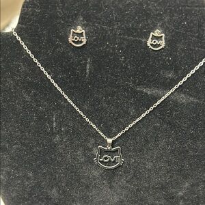 Silver Love Cat Necklace and Earring Set